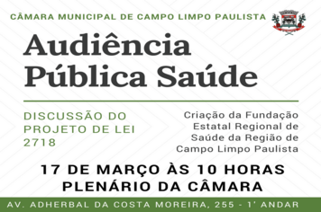 Audiência Pública no dia 17 de março discutirá Projeto de Lei nº 2718